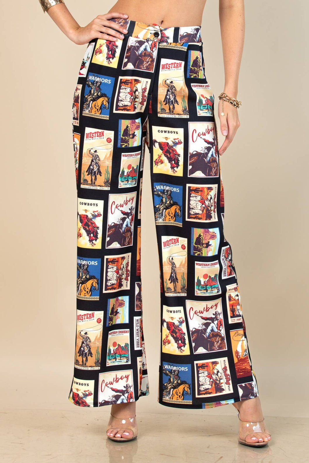 Western Cowboy Stamps Print Slack Pants