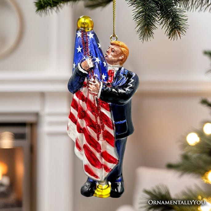 Donald Trump Kissing the American Flag Glass Ornament